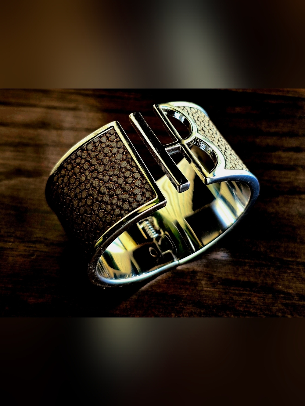 Henri Bendel Vintage Silver And Shagreen Wide Cuff Hinged Bracelet